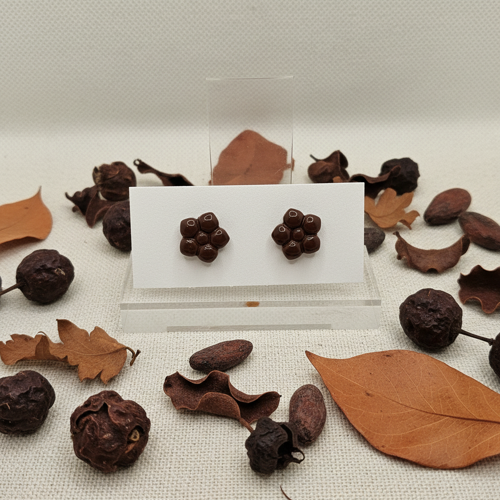 Primrose Studs in Hot Chocolate — handmade polymer clay flower stud earrings with smooth glossy bubble petal finish, displayed on white card with dark dried seed pods and cocoa botanical styling, handcrafted in New Zealand by Crafty Larder