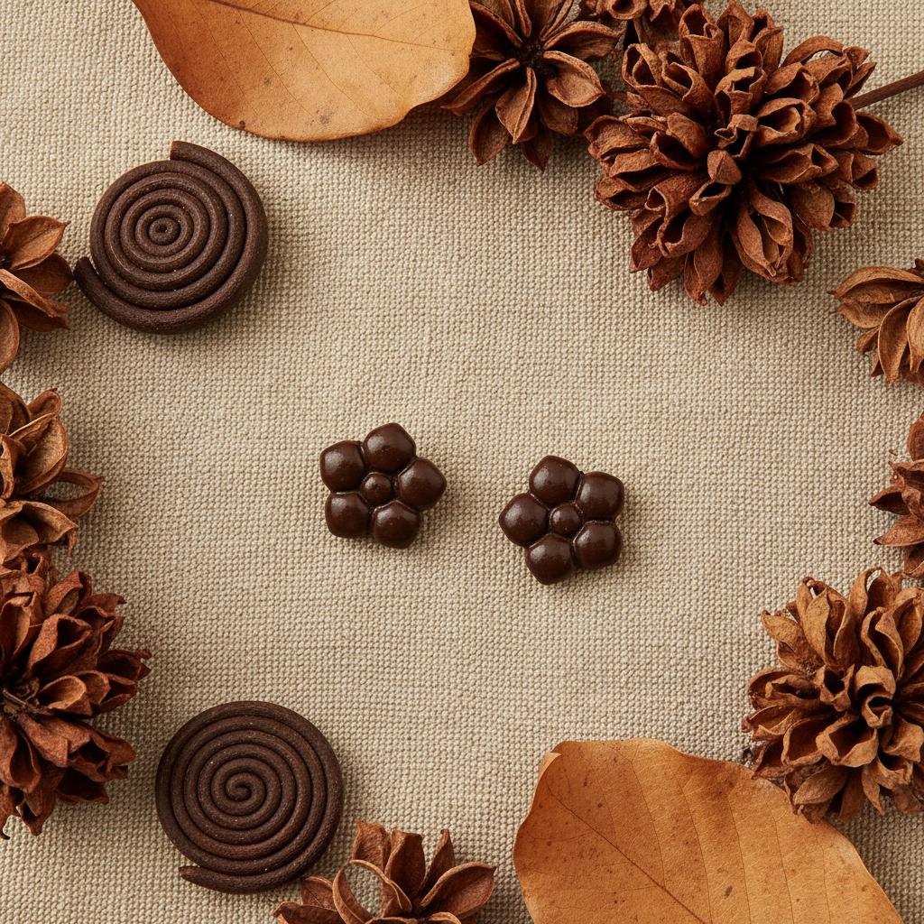 Primrose Studs in Hot Chocolate flat lay with dark chocolate dried seed pods and warm brown autumn leaves on warm linen, handmade polymer clay earrings from Crafty Larder's Harvest & Dusk Collection