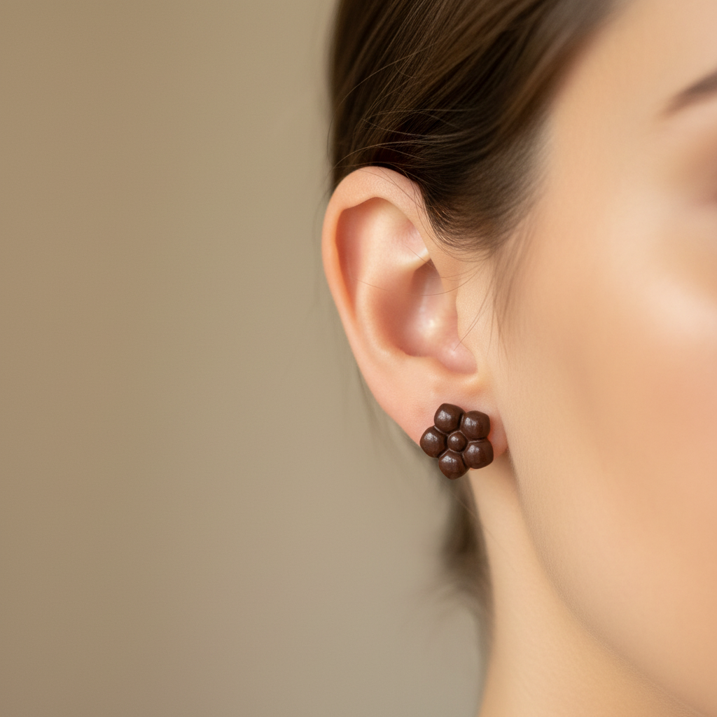 Woman wearing a Primrose Stud in Hot Chocolate, deep dark chocolate brown polymer clay flower stud with smooth rounded bubble petals, handcrafted in New Zealand by Crafty Larder