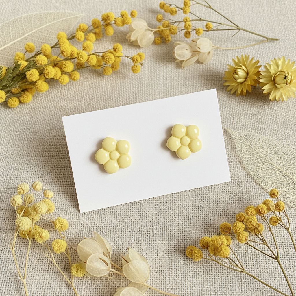 Primrose Studs in Lemon Grass — handmade polymer clay flower stud earrings with smooth glossy bubble petal finish, displayed on white card with dried pale yellow mimosa and cream botanical styling, handcrafted in New Zealand by Crafty Larder