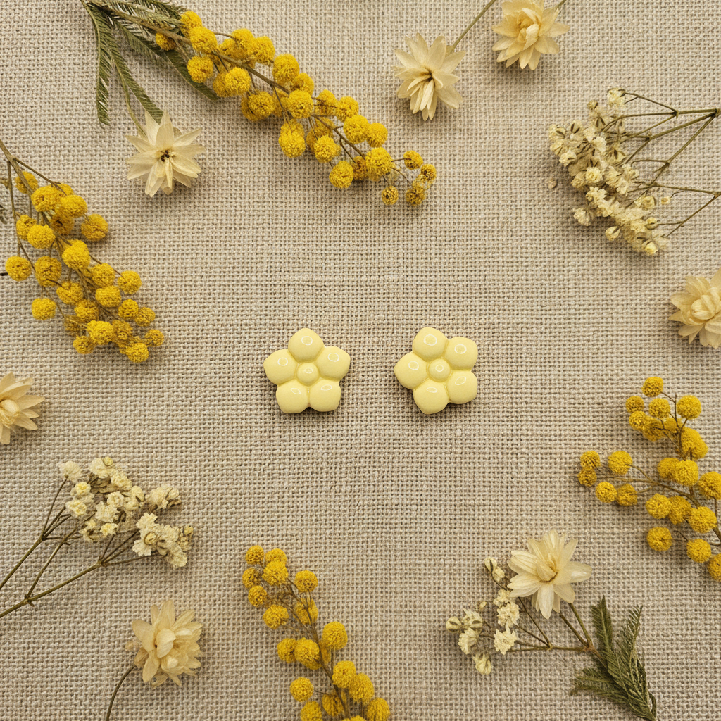Primrose Studs in Lemon Grass flat lay with dried pale yellow mimosa and cream botanicals on warm linen, handmade polymer clay earrings from Crafty Larder's Harvest & Dusk Collection