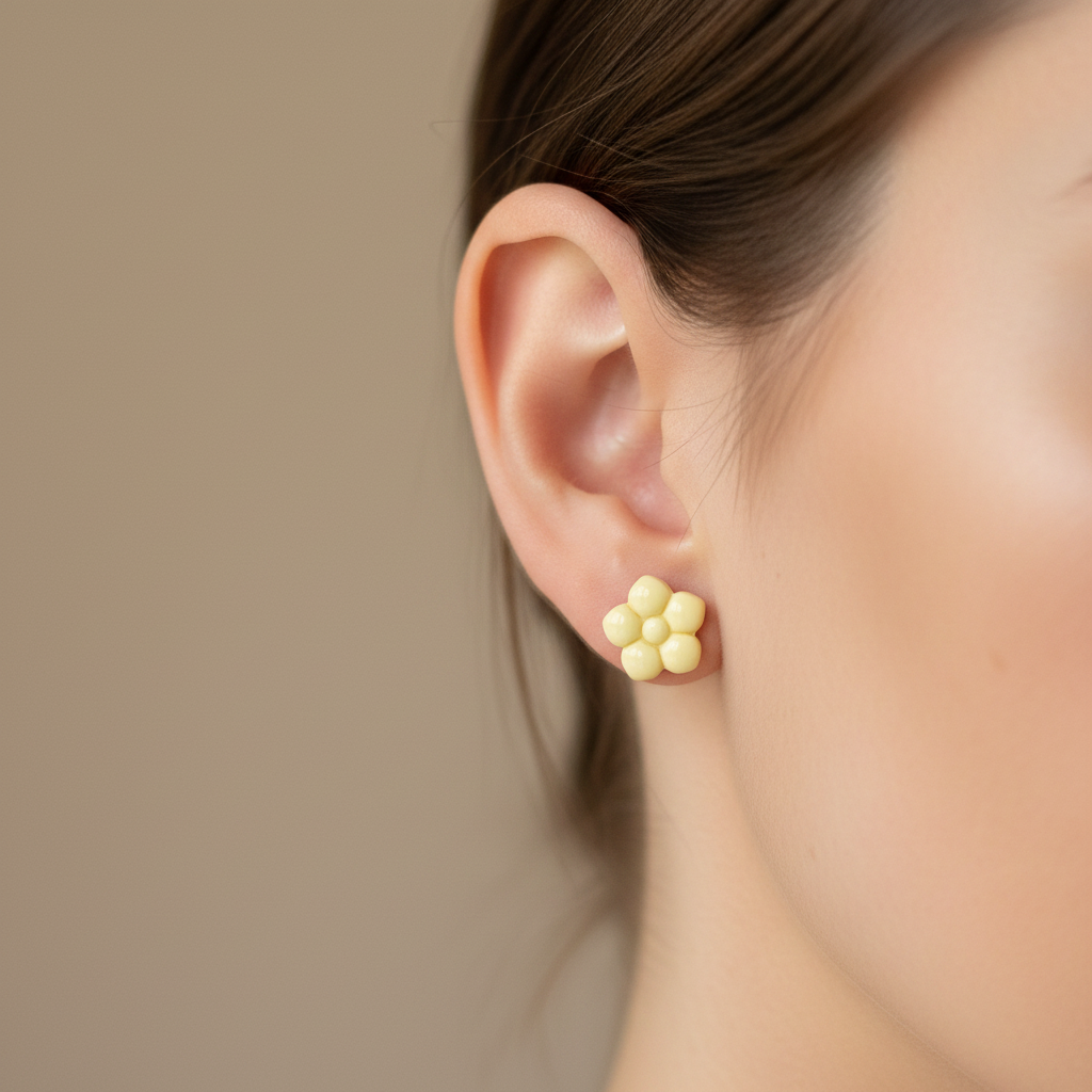 Woman wearing a Primrose Stud in Lemon Grass, soft pale lemon yellow polymer clay flower stud with smooth rounded bubble petals, handcrafted in New Zealand by Crafty Larder