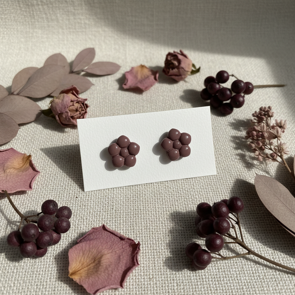 Primrose Studs in Mauve Wine — handmade polymer clay flower stud earrings with smooth glossy bubble petal finish, displayed on white card with dried dusty rose and burgundy botanical styling, handcrafted in New Zealand by Crafty Larder