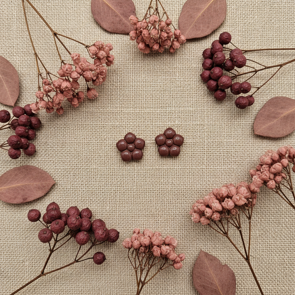 Primrose Studs in Mauve Wine flat lay with dried dusty rose and burgundy berries on warm linen, handmade polymer clay earrings from Crafty Larder's Harvest & Dusk Collection