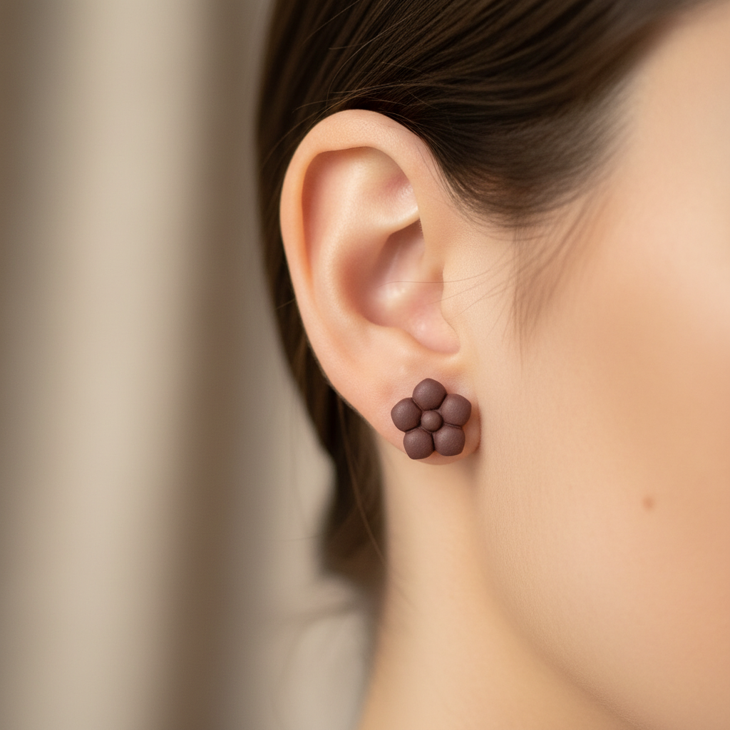 Woman wearing a Primrose Stud in Mauve Wine, deep dusty mauve wine polymer clay flower stud with smooth rounded bubble petals, handcrafted in New Zealand by Crafty Larder