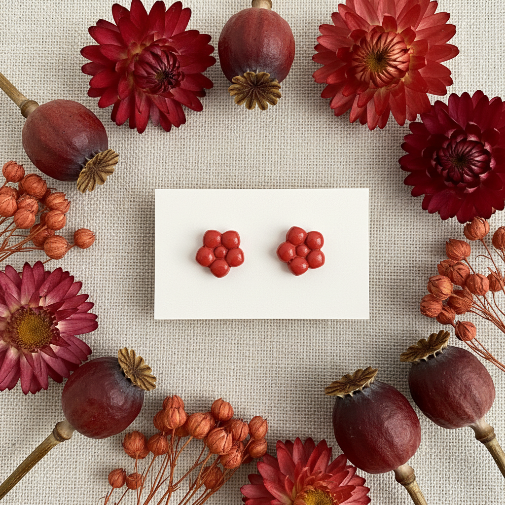 Primrose Studs in Poppy Red — handmade polymer clay flower stud earrings with smooth glossy bubble petal finish, displayed on white card with dried deep red poppy seed heads and crimson botanical styling, handcrafted in New Zealand by Crafty Larder