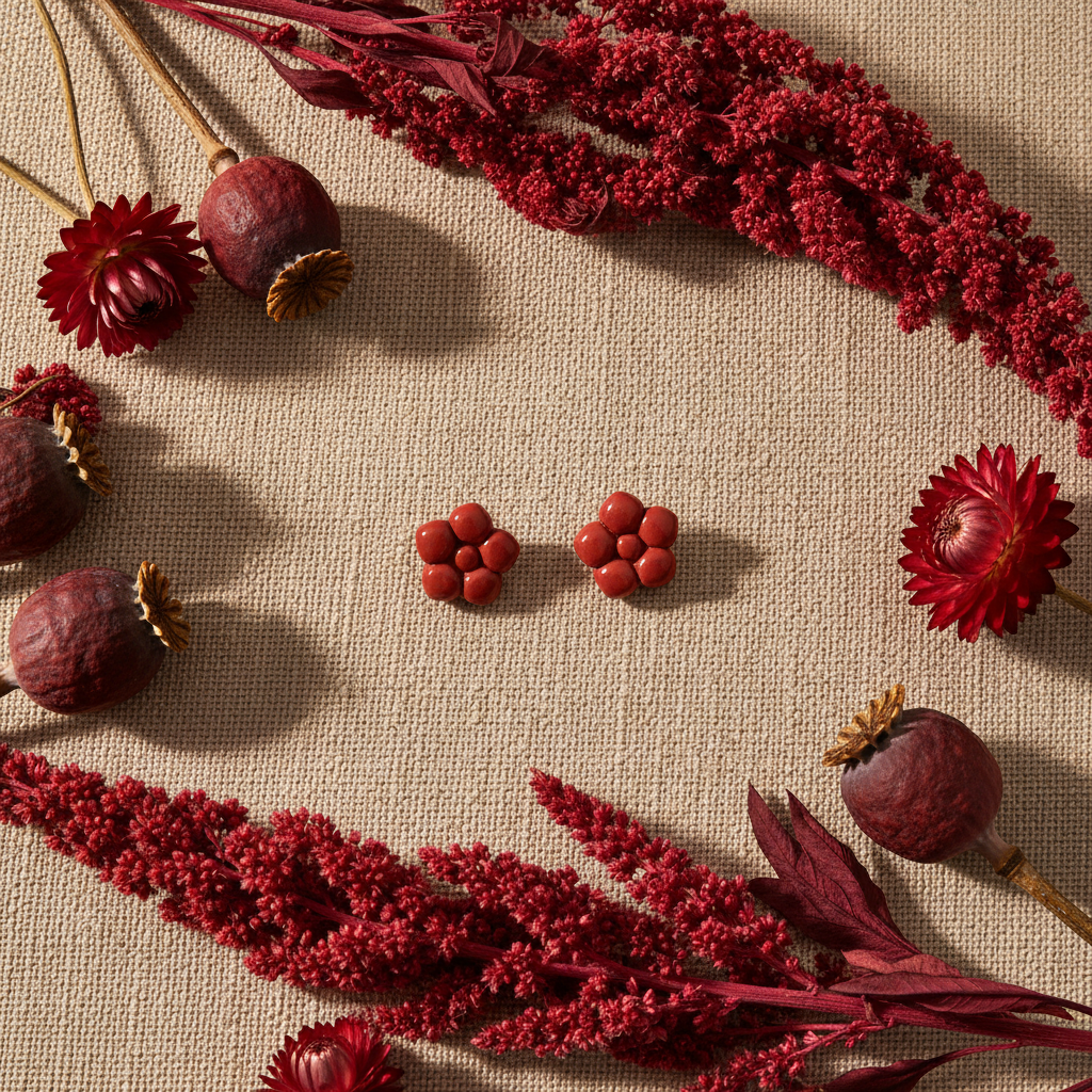 Primrose Studs in Poppy Red flat lay with dried deep red poppy seed heads and warm crimson botanicals on warm linen, handmade polymer clay earrings from Crafty Larder's Harvest & Dusk Collection