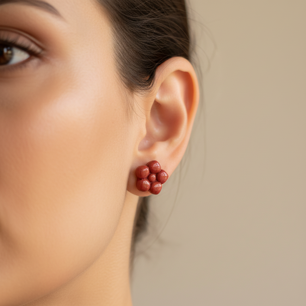 Woman wearing a Primrose Stud in Poppy Red, rich muted brick red polymer clay flower stud with smooth glossy rounded bubble petals, handcrafted in New Zealand by Crafty Larder