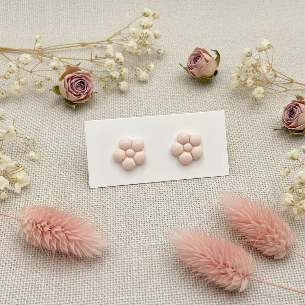 Primrose Studs in Primrose Pink — handmade polymer clay flower stud earrings with smooth glossy bubble petal finish, displayed on white card with dried pale pink roses and blush botanical styling, handcrafted in New Zealand by Crafty Larder