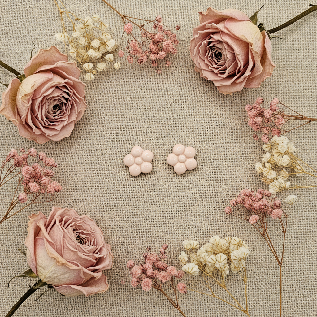 Primrose Studs in Primrose Pink flat lay with dried pale pink roses and cream botanicals on warm linen, handmade polymer clay earrings from Crafty Larder's Harvest & Dusk Collection