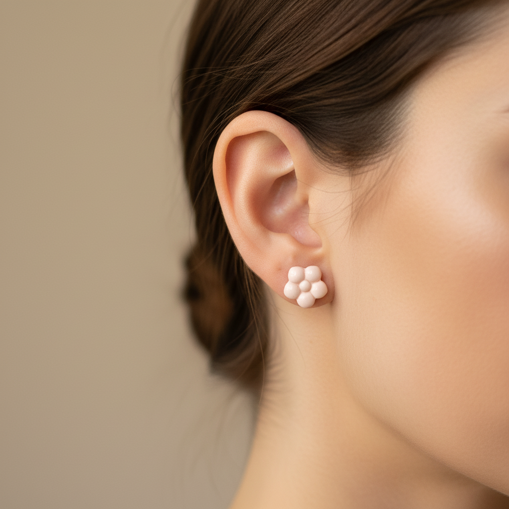 Woman wearing a Primrose Stud in Primrose Pink, soft pale blush polymer clay flower stud with smooth rounded bubble petals, handcrafted in New Zealand by Crafty Larder