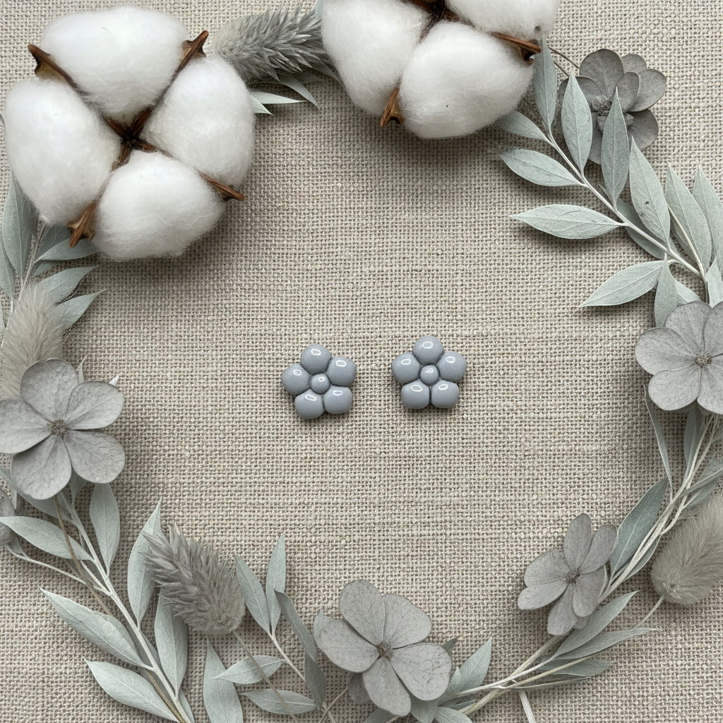 Primrose Studs in Vapor Blue flat lay with soft grey dried cotton stems and pale silver-blue botanicals on warm linen, handmade polymer clay earrings from Crafty Larder's Harvest & Dusk Collection