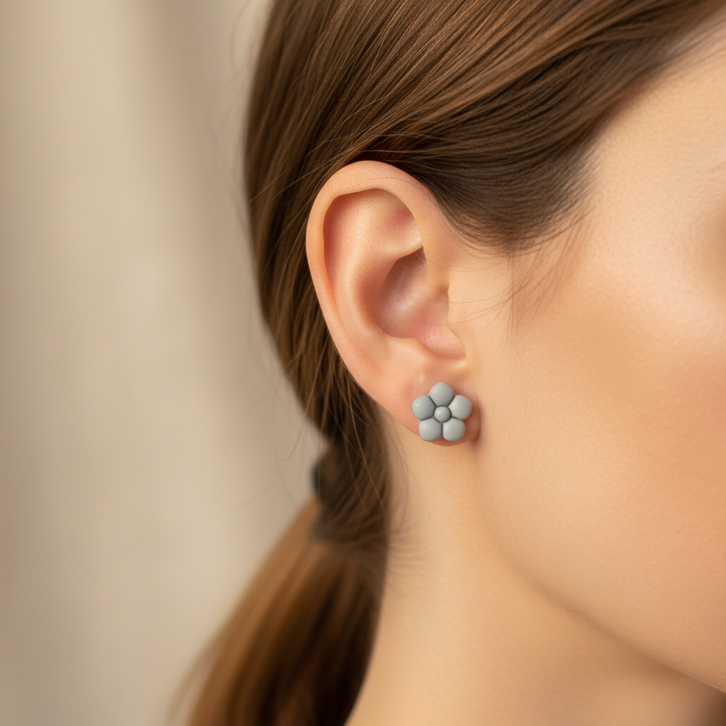 Woman wearing a Primrose Stud in Vapor Blue, soft muted grey-blue polymer clay flower stud with smooth rounded bubble petals, handcrafted in New Zealand by Crafty Larder