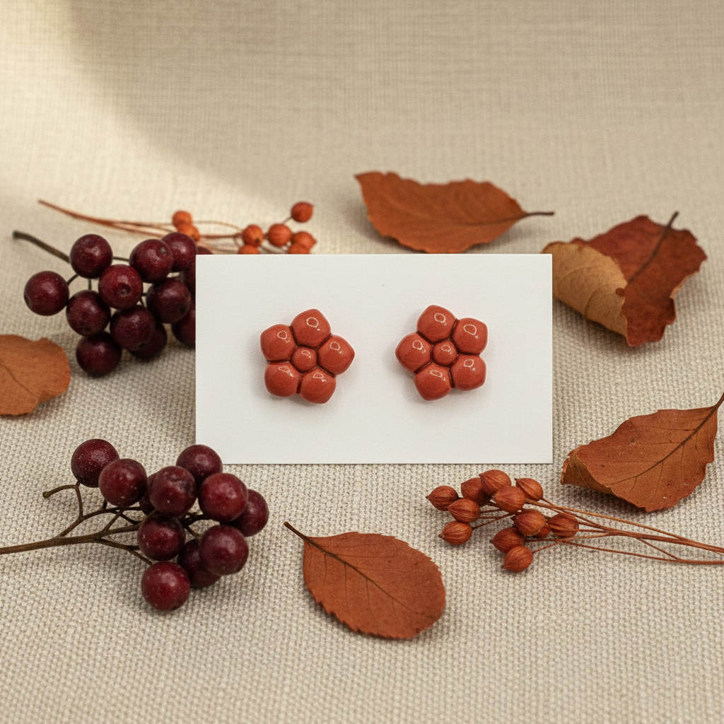 Primrose Studs in Winterberry — handmade polymer clay flower stud earrings with smooth glossy bubble petal finish, displayed on white card with dried red berries and warm terracotta botanical styling, handcrafted in New Zealand by Crafty Larder