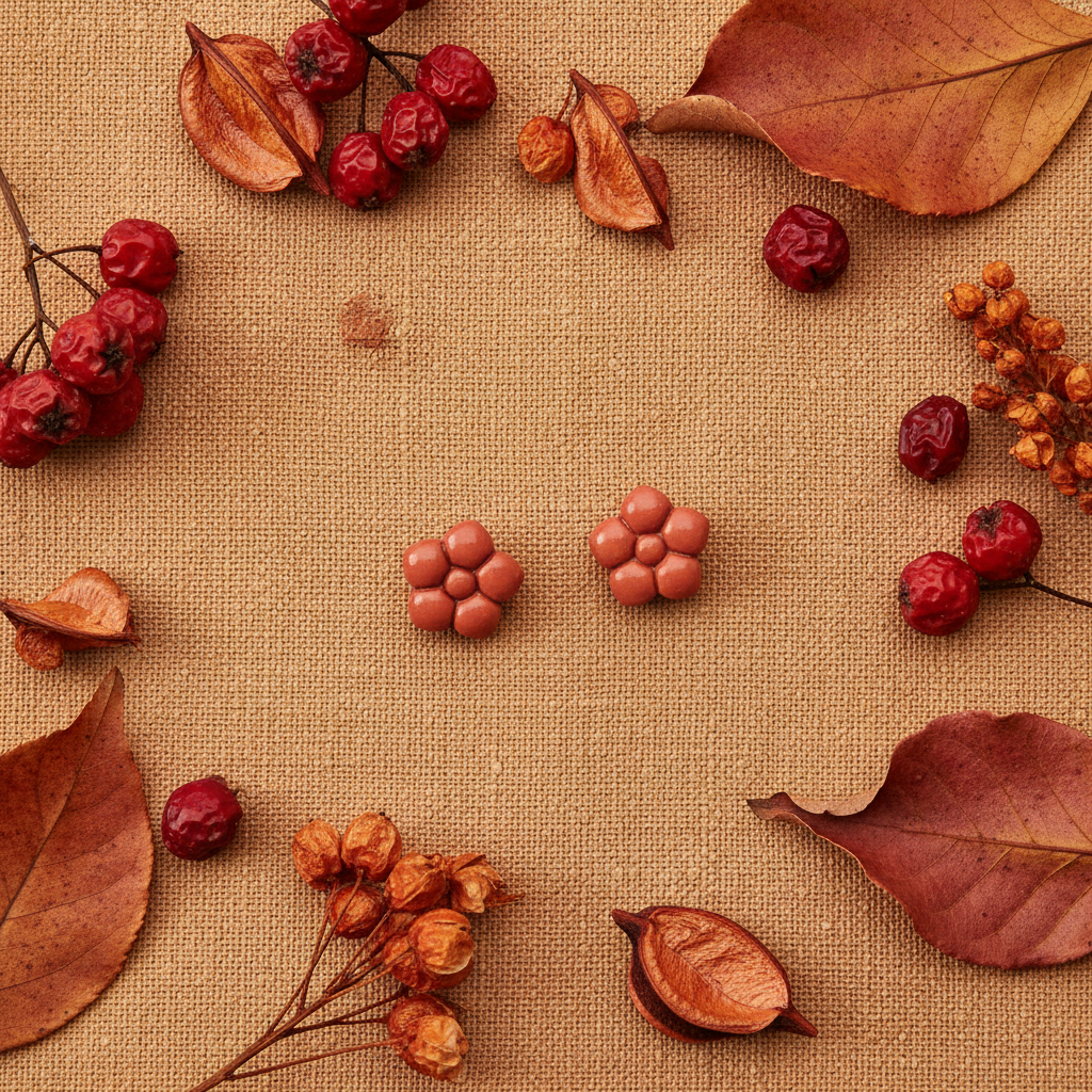 Primrose Studs in Winterberry flat lay with dried red berries and russet autumn leaves on warm linen, handmade polymer clay earrings from Crafty Larder's Harvest & Dusk Collection