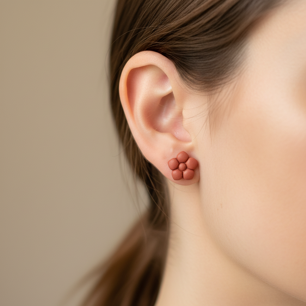 Woman wearing a Primrose Stud in Winterberry, warm muted terracotta berry red polymer clay flower stud with smooth rounded bubble petals, handcrafted in New Zealand by Crafty Larder
