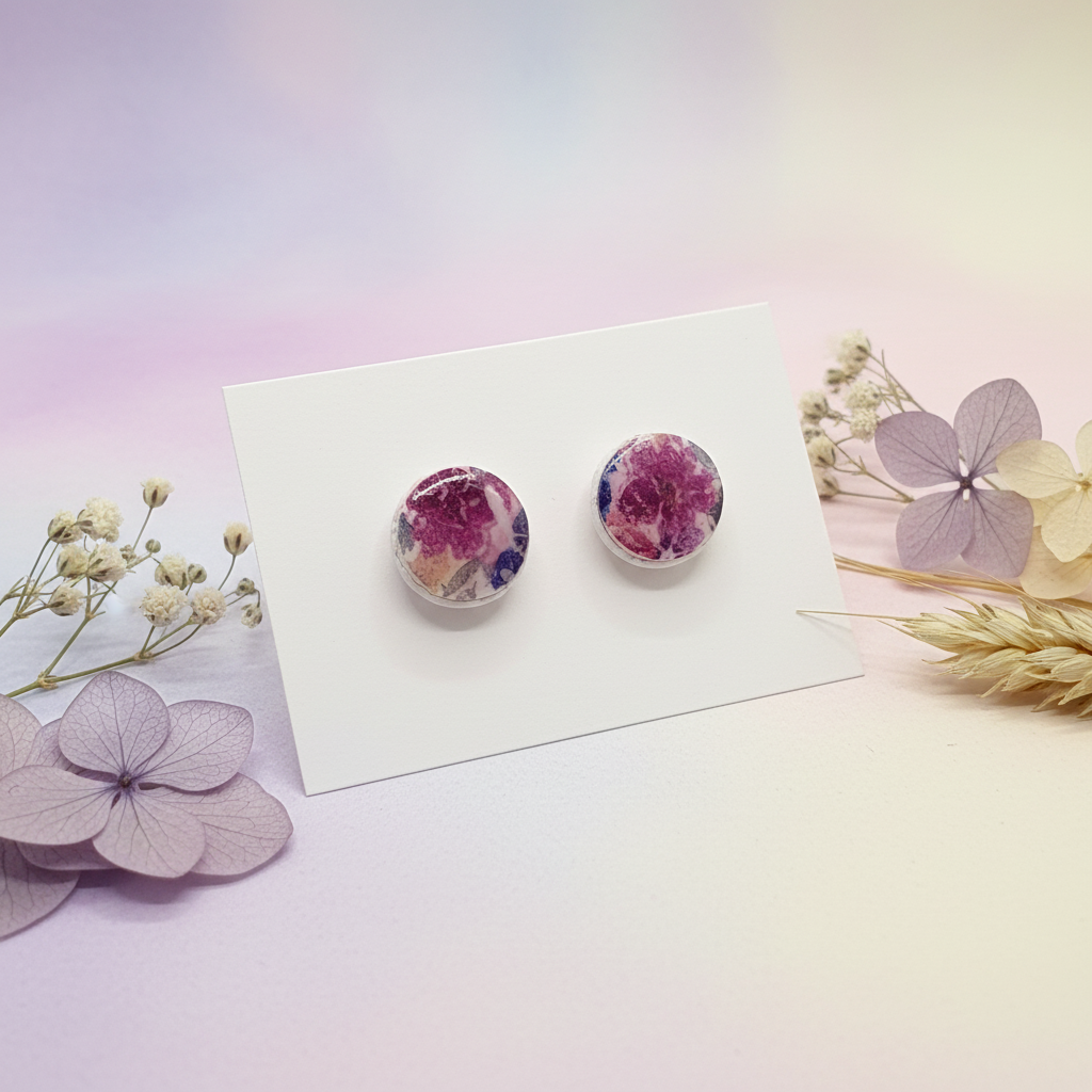 Garden Floral Studs in Purple displayed on white card with pastel gradient background and dried flower styling