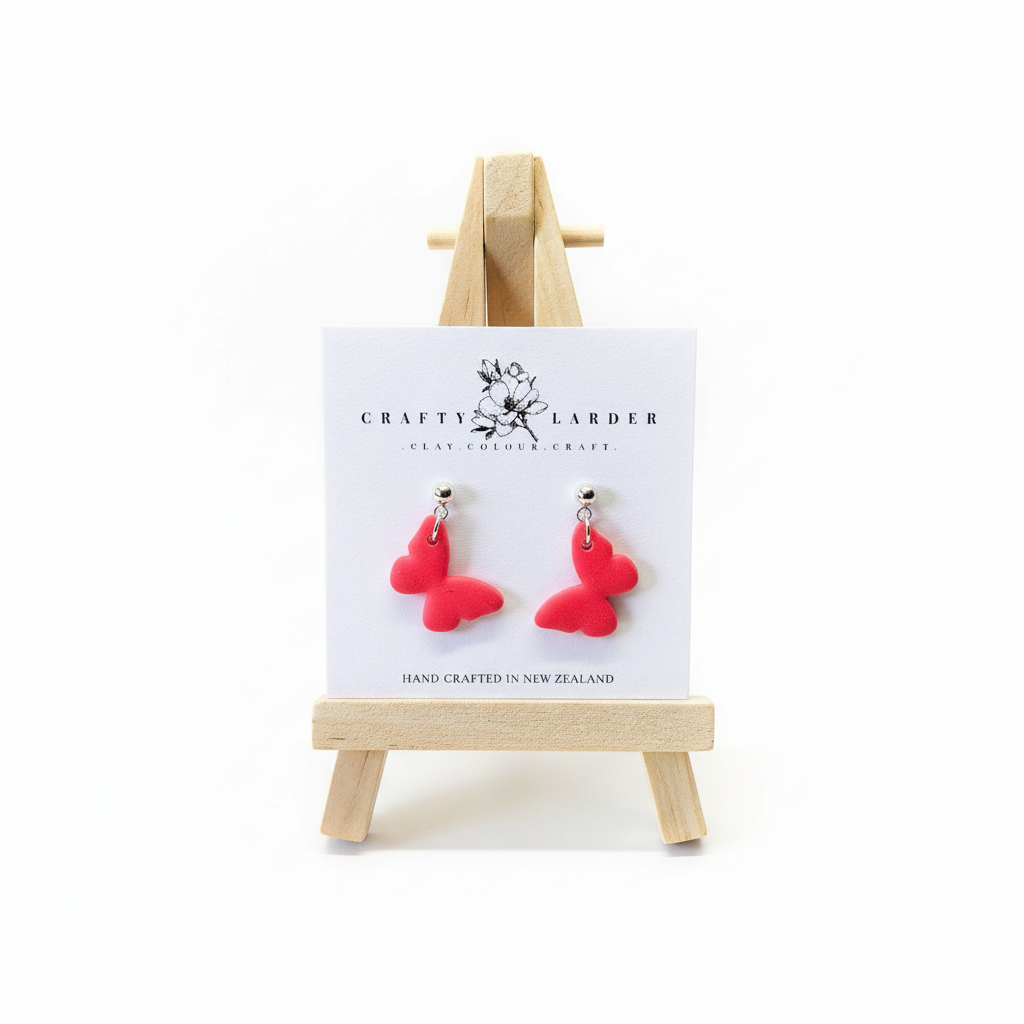 "Raspberry pink butterfly dangle earrings on Crafty Larder card"