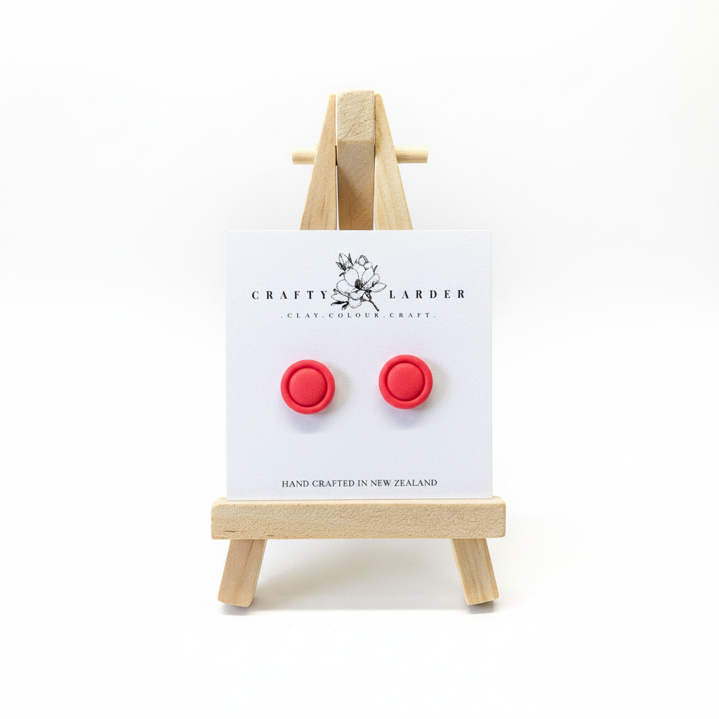  "Raspberry round button stud earrings on Crafty Larder card"