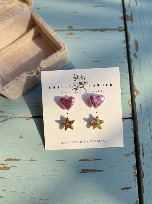 Glittery Heart & Star Stud Earring Pack