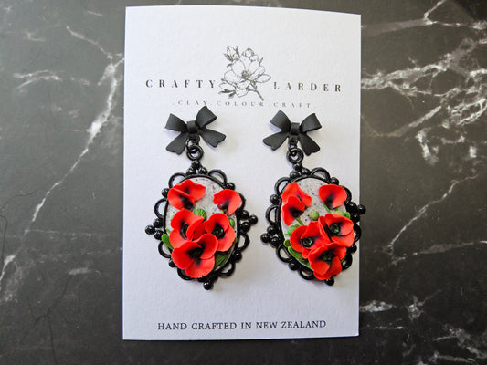 Elegant Black Filigree Poppy Dangles