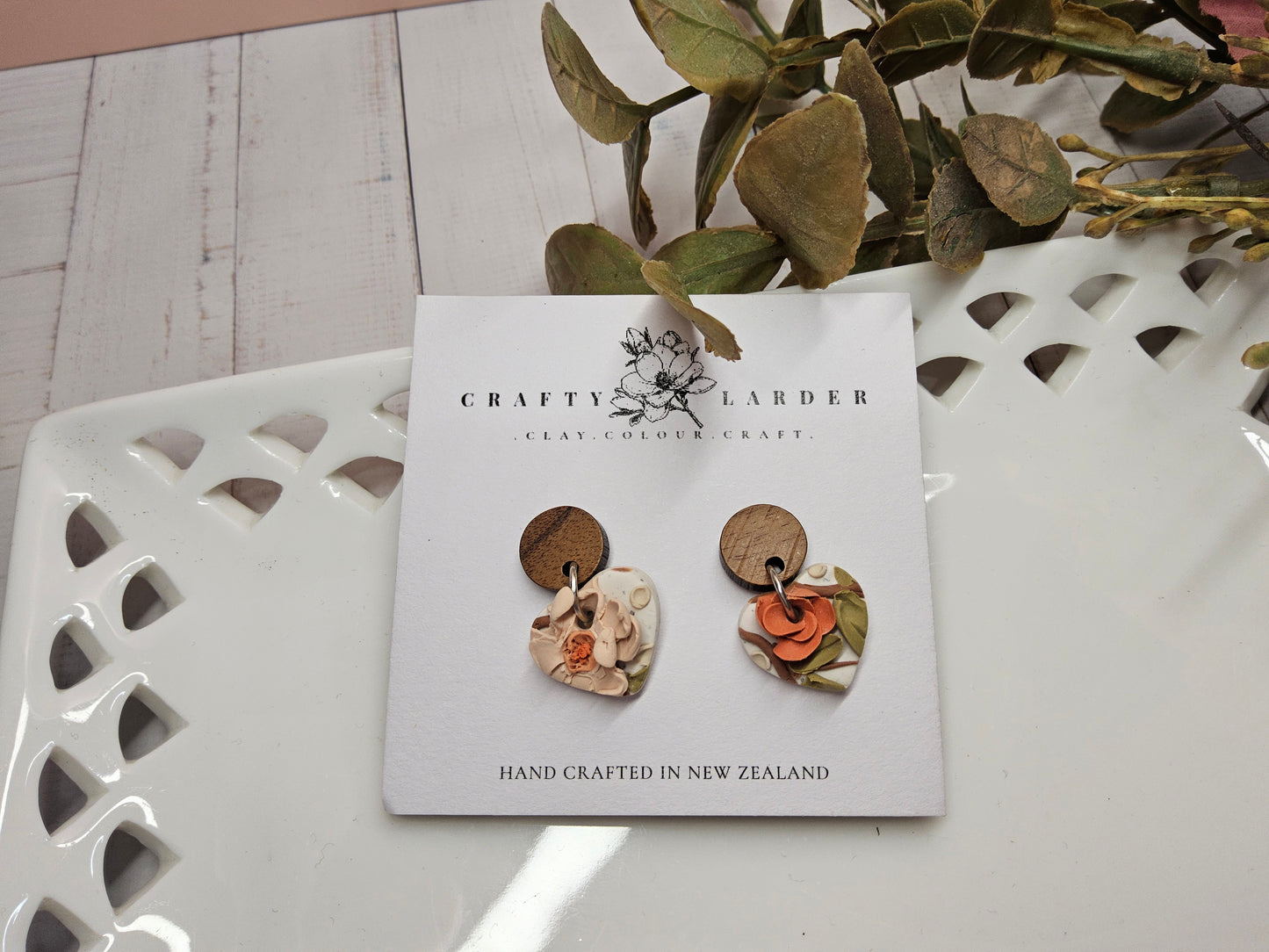 Natural Clay Walnut Floral Heart Earrings