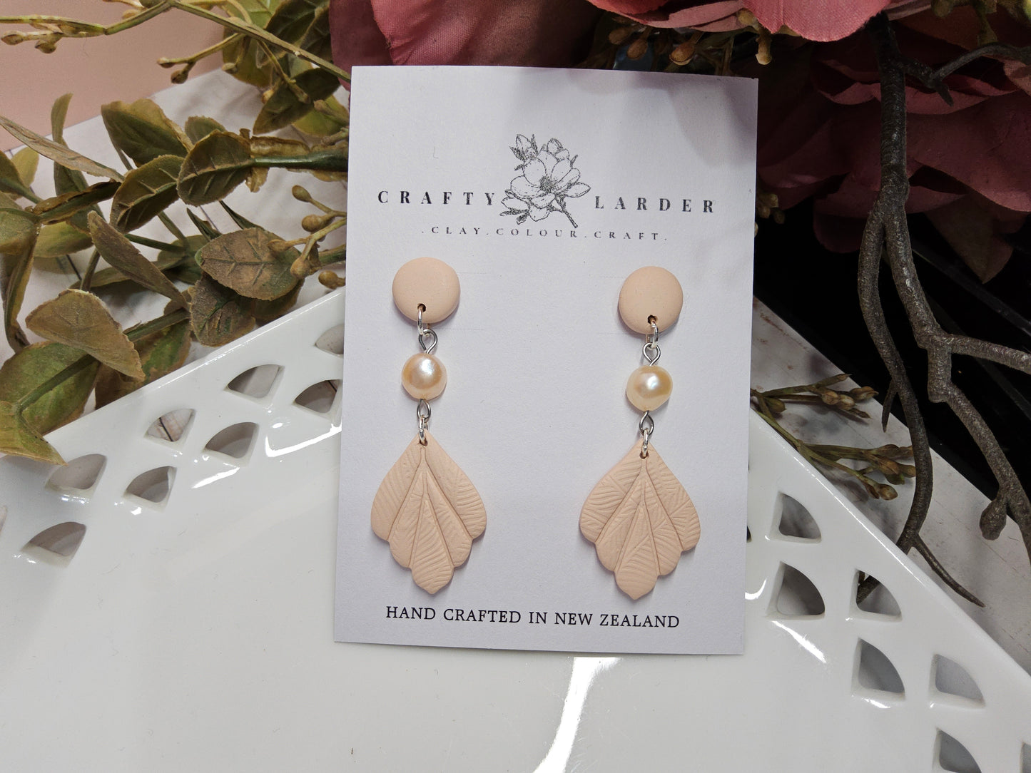 Natural Clay Almond and Pearl Small Earrings