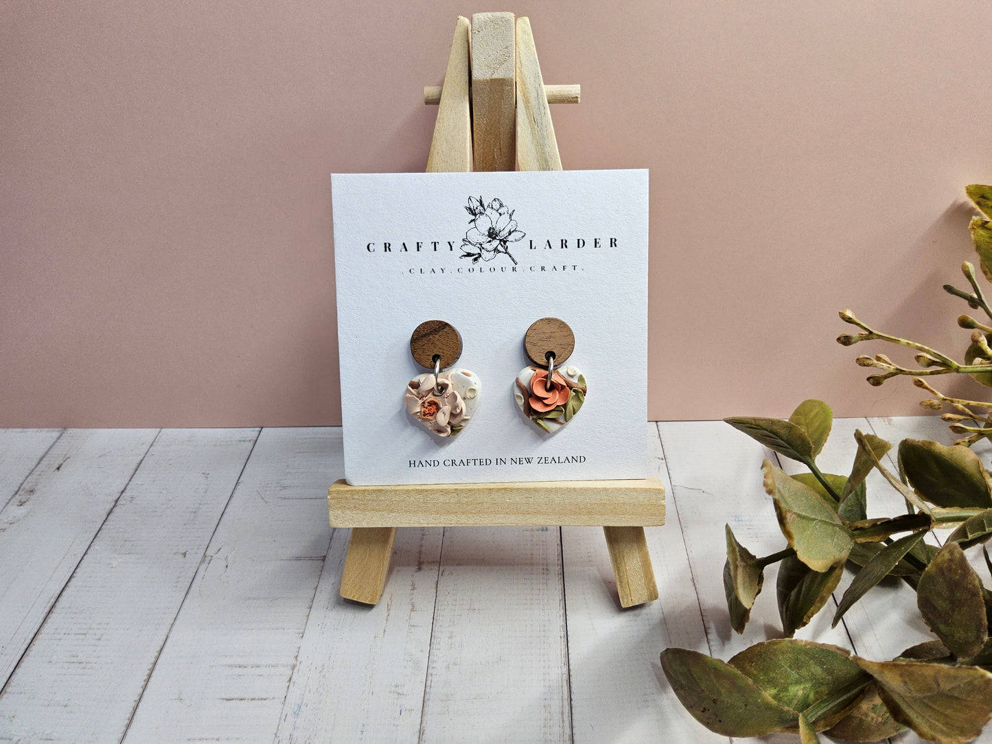 Natural Clay Walnut Floral Heart Earrings