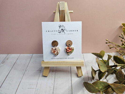 Natural Clay Walnut Floral Heart Earrings