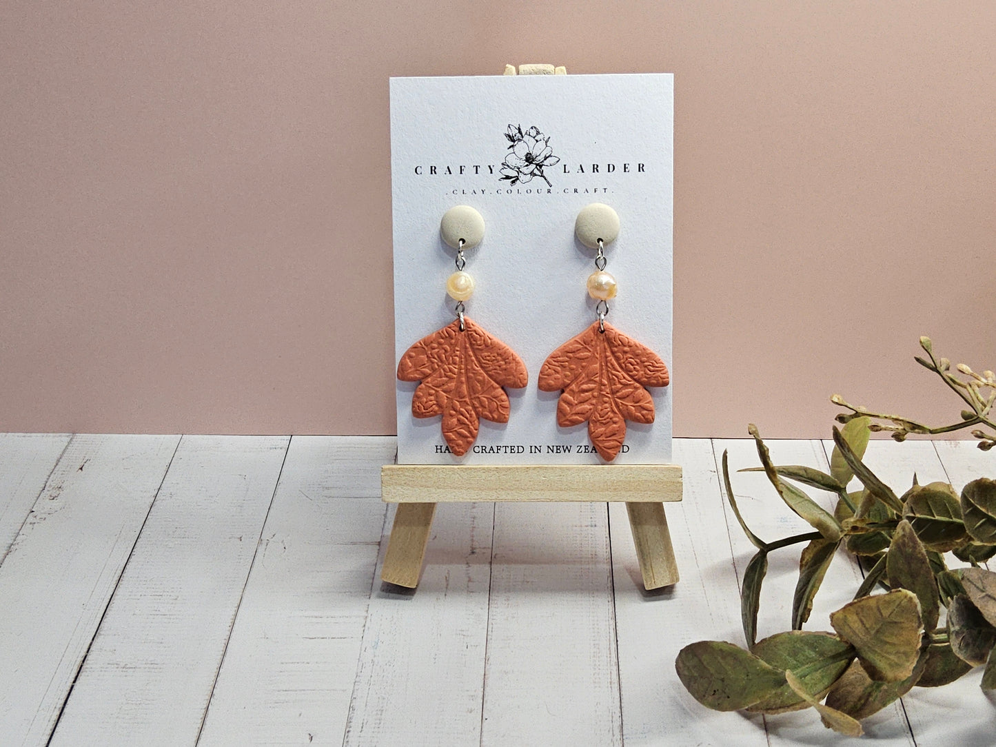 Natural Clay Sunrise Orange leaft and pearl Earrings