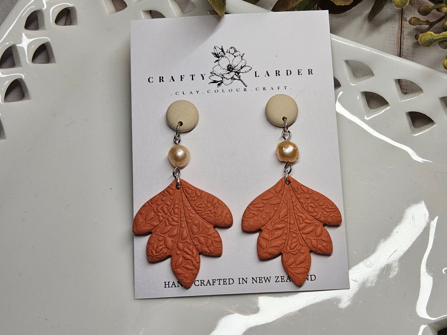 Natural Clay Sunrise Orange leaft and pearl Earrings