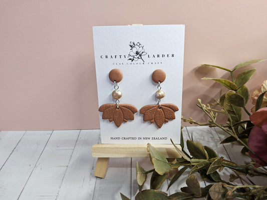Natural Clay Cocao Bean and Pearl Earrings