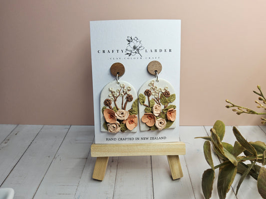 Natural Clay Walnut Floral Statement Earrings