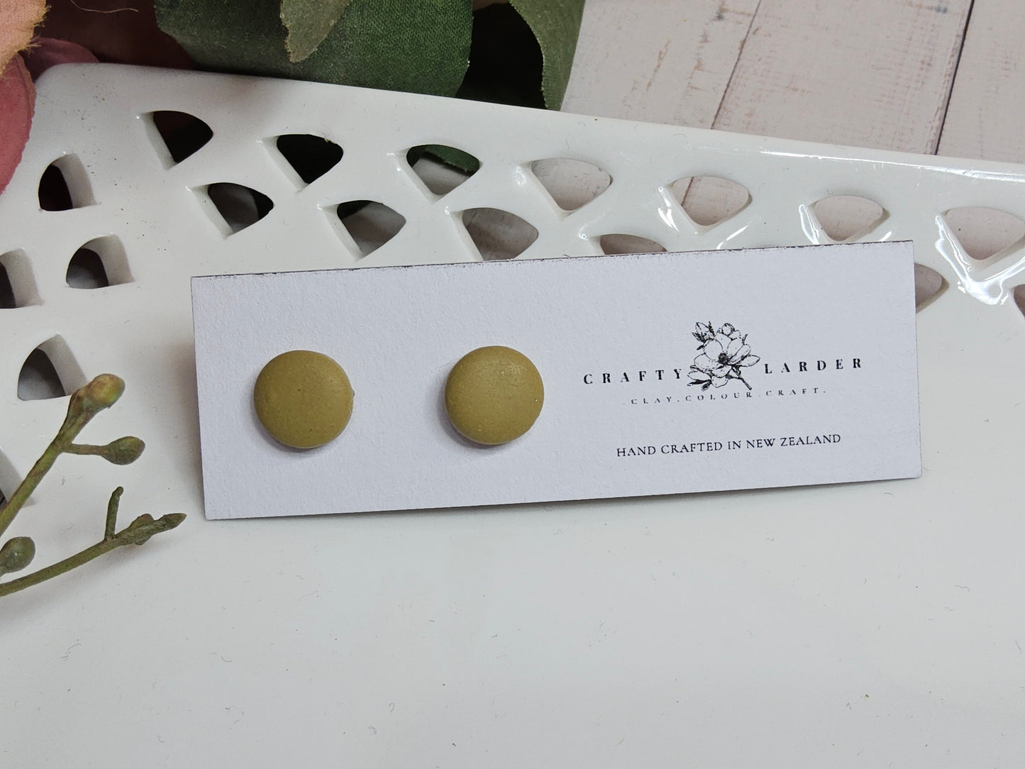Natural Clay Olive Green Stud Earrings