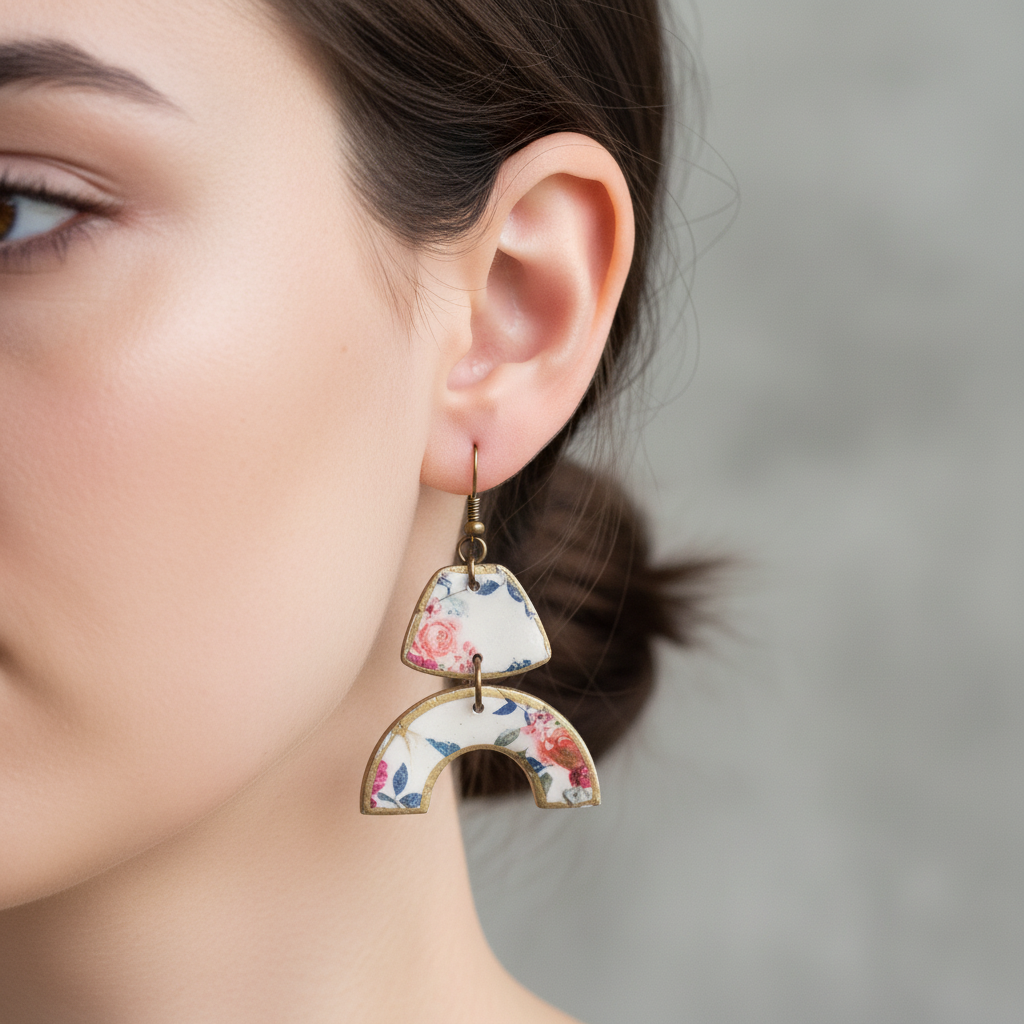 "Handmade polymer clay romantic floral arch dangle earrings with pink coral blue floral pattern on cream triangle and arch shapes with bronze connectors"