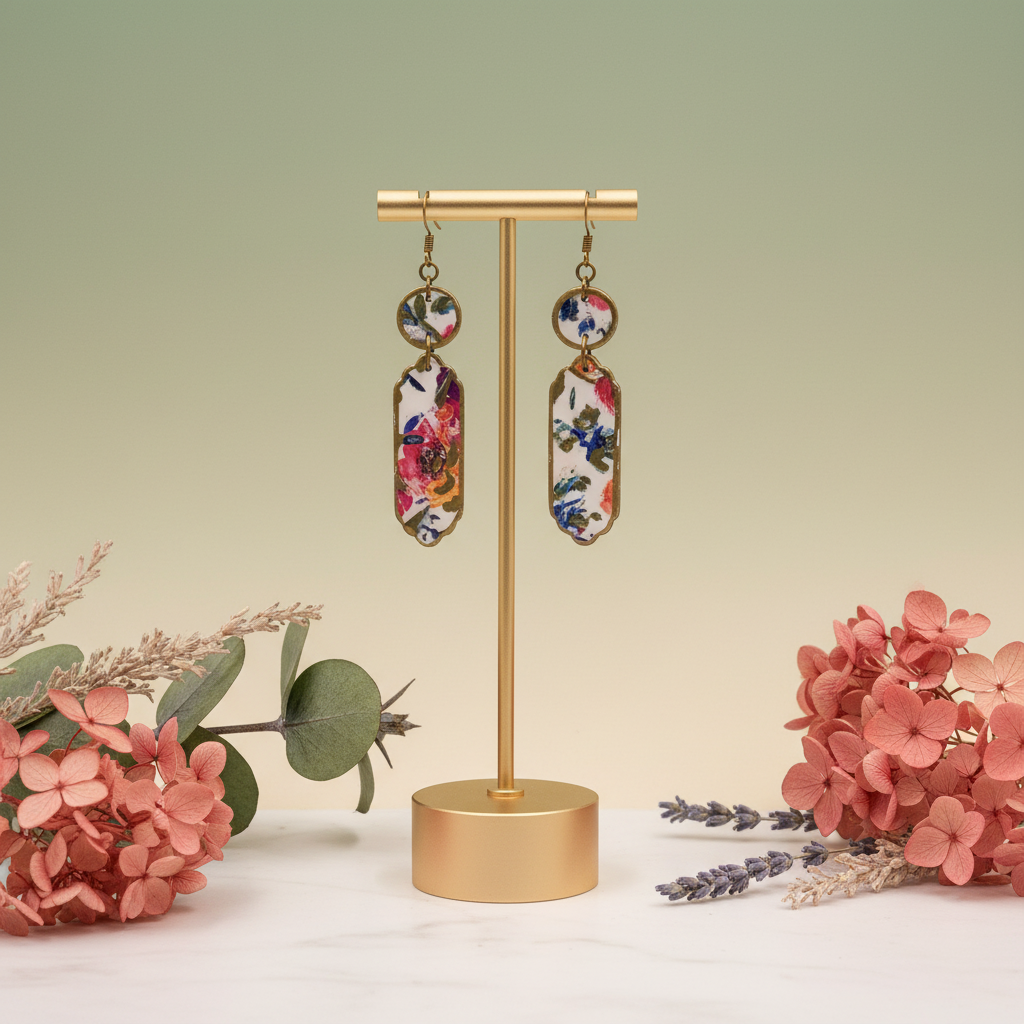  "Handmade polymer clay romantic floral fob dangle earrings with pink coral blue green floral pattern on oval pendants and bronze connectors"