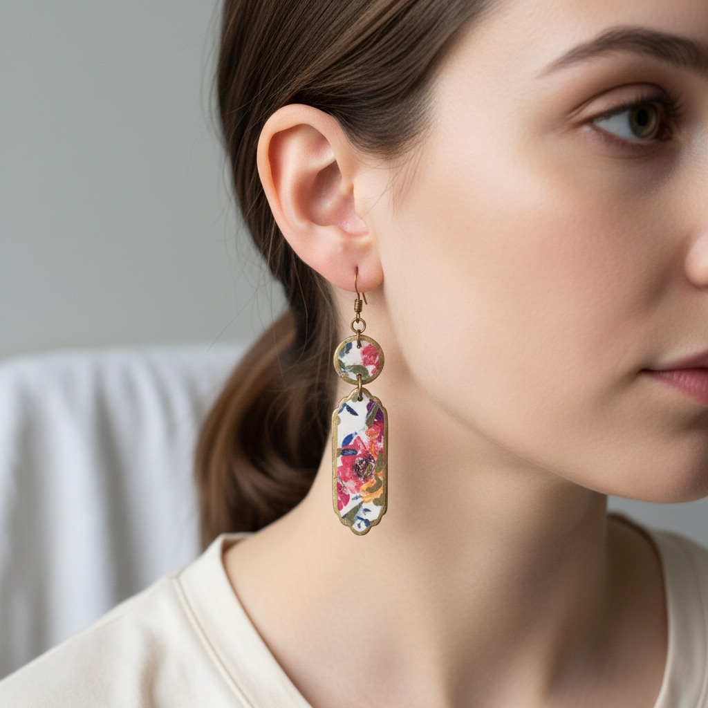  "Handmade polymer clay romantic floral fob dangle earrings with pink coral blue green floral pattern on oval pendants and bronze connectors"