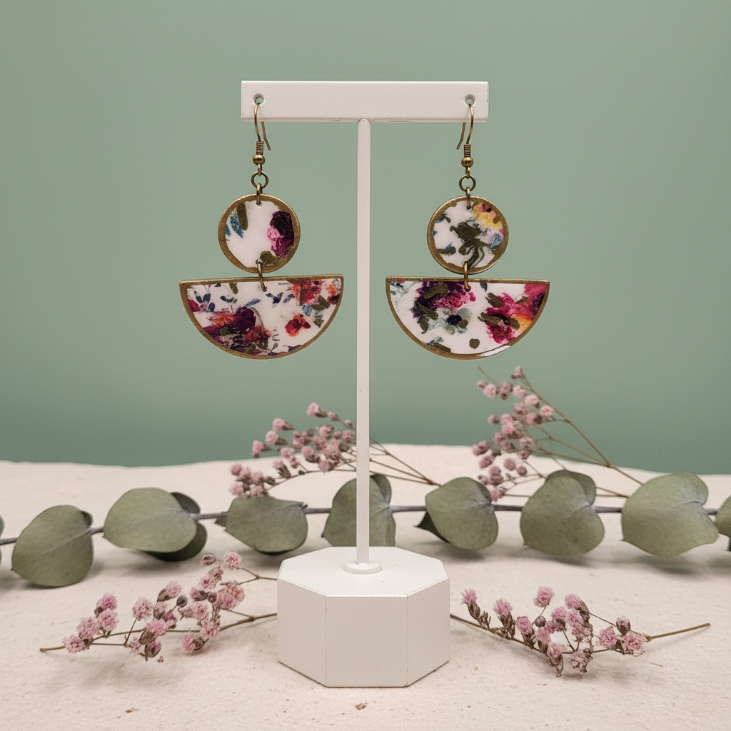 "Handmade polymer clay romantic floral half moon dangle earrings with pink purple coral green floral pattern on cream half moon shapes with bronze connectors"