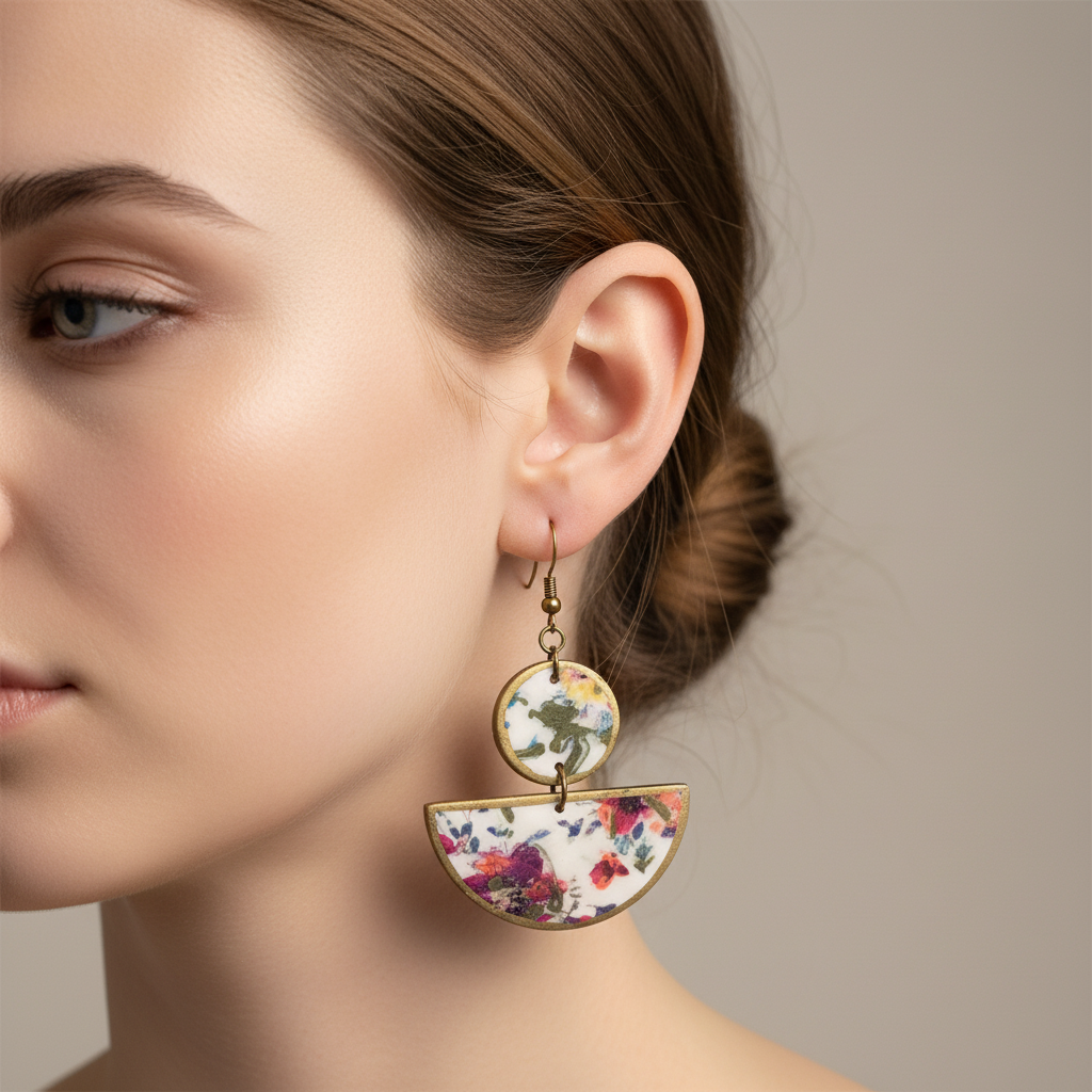 "Handmade polymer clay romantic floral half moon dangle earrings with pink purple coral green floral pattern on cream half moon shapes with bronze connectors"