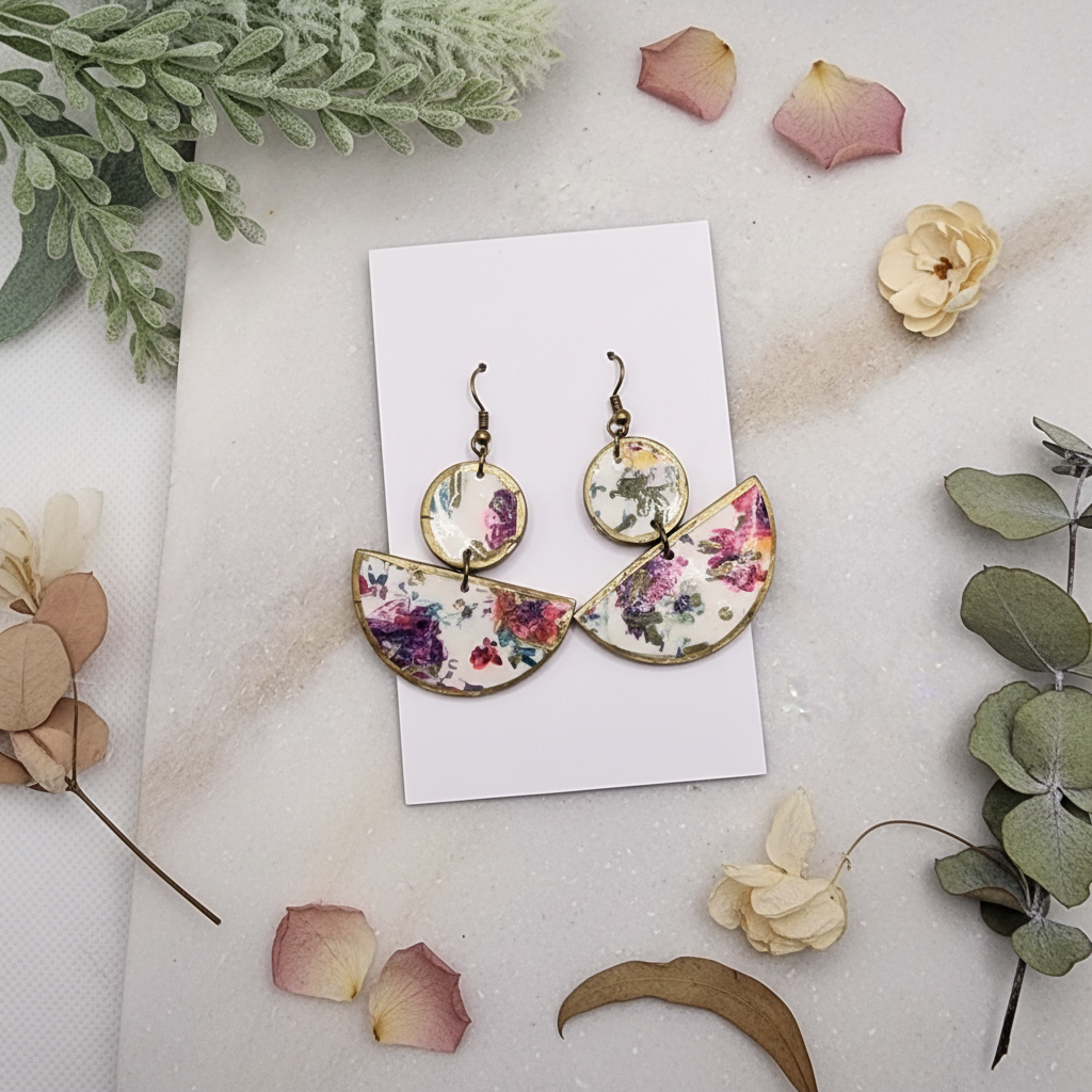 "Handmade polymer clay romantic floral half moon dangle earrings with pink purple coral green floral pattern on cream half moon shapes with bronze connectors"