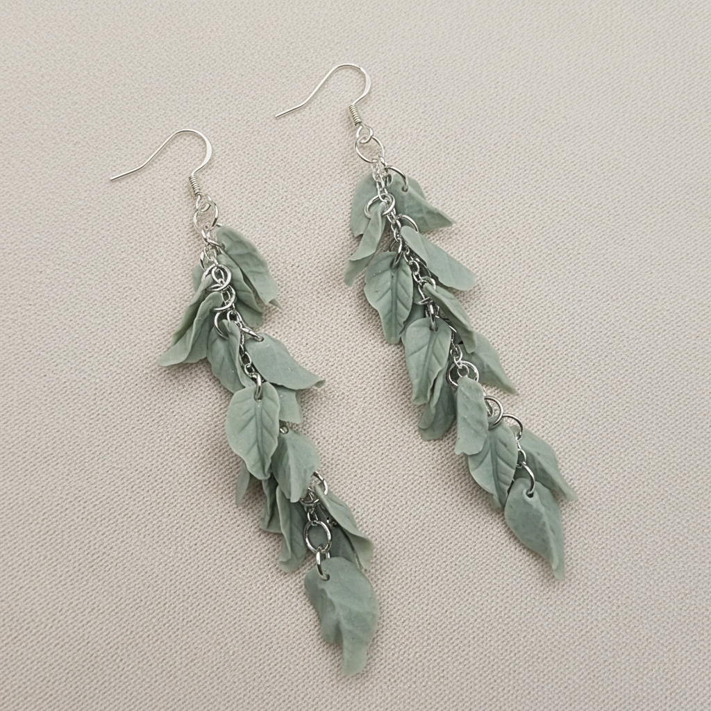  "Handmade polymer clay sage leaf dangle earrings with cascading sage green leaves connected by delicate silver chains"