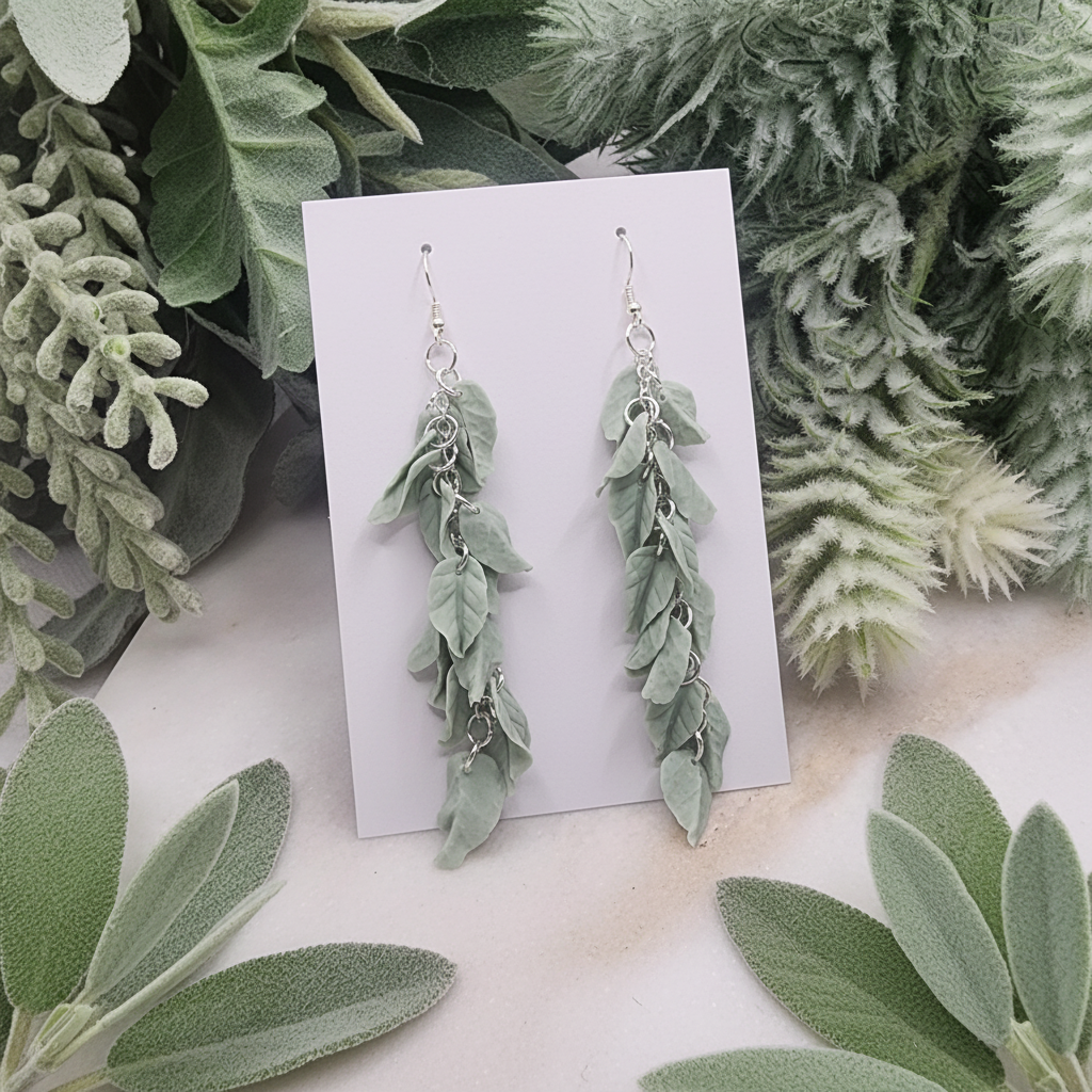  "Handmade polymer clay sage leaf dangle earrings with cascading sage green leaves connected by delicate silver chains"