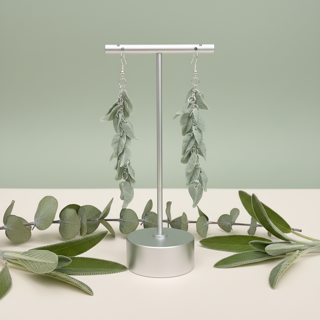  "Handmade polymer clay sage leaf dangle earrings with cascading sage green leaves connected by delicate silver chains"