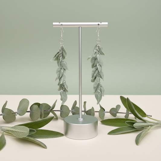  "Handmade polymer clay sage leaf dangle earrings with cascading sage green leaves connected by delicate silver chains"