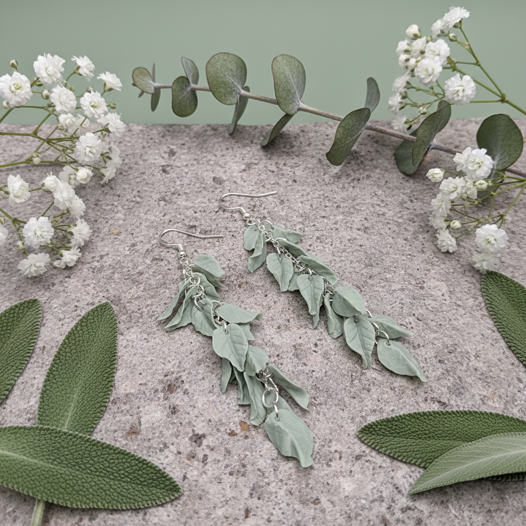  "Handmade polymer clay sage leaf dangle earrings with cascading sage green leaves connected by delicate silver chains"