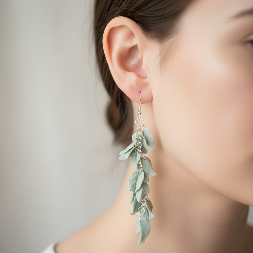  "Handmade polymer clay sage leaf dangle earrings with cascading sage green leaves connected by delicate silver chains"