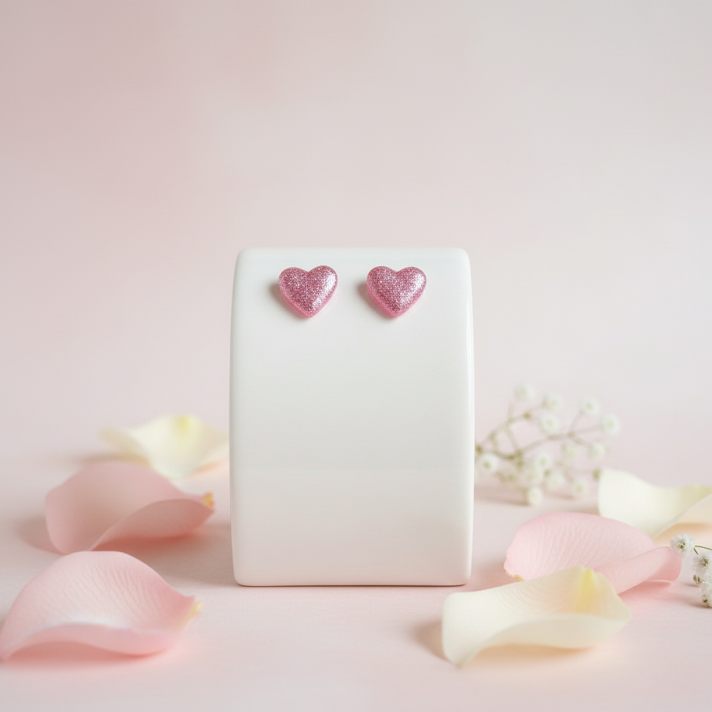 "Handmade polymer clay sparkling pink glitter heart stud earrings"
