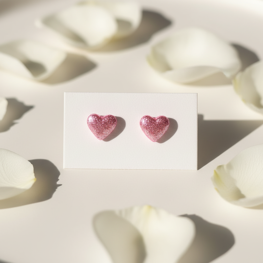  "Handmade polymer clay sparkling pink glitter heart stud earrings"