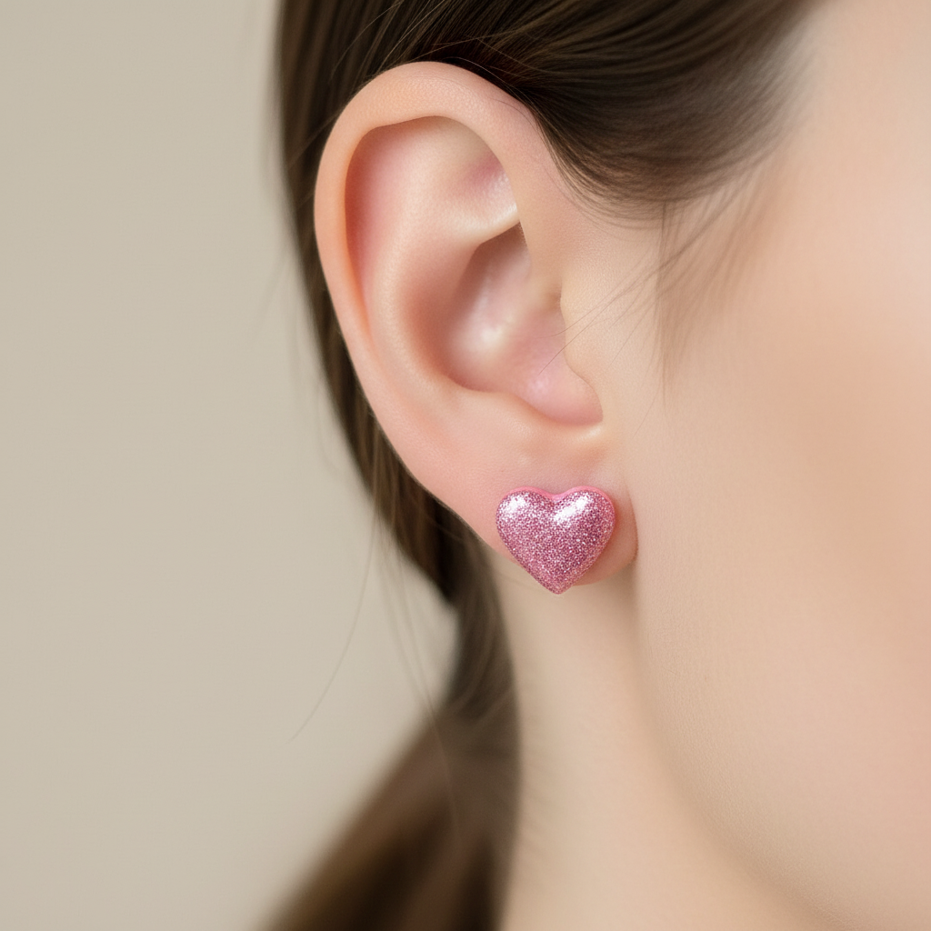  "Handmade polymer clay sparkling pink glitter heart stud earrings"