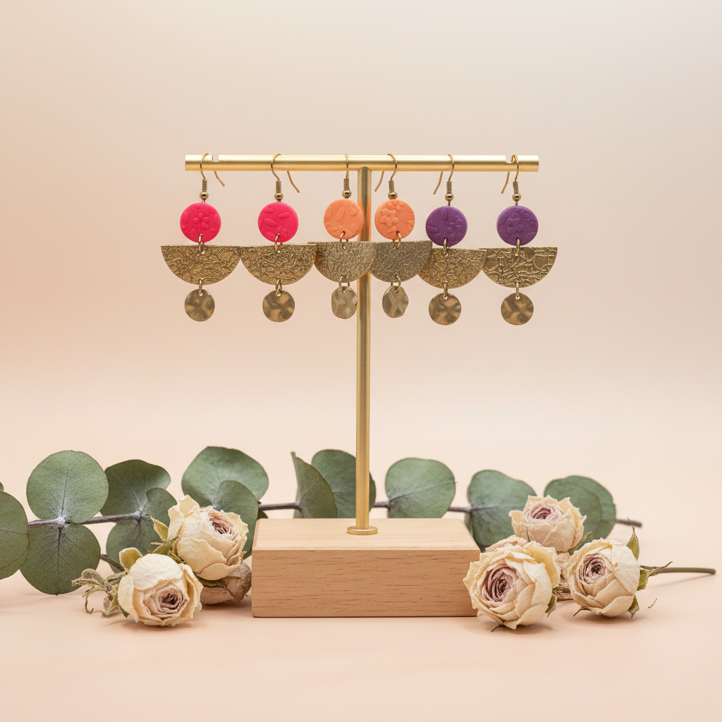 "Handmade polymer clay spot of summer dangle earrings with textured round studs, bronze half moon and disc charms - available in orange, purple and fluoro pink"